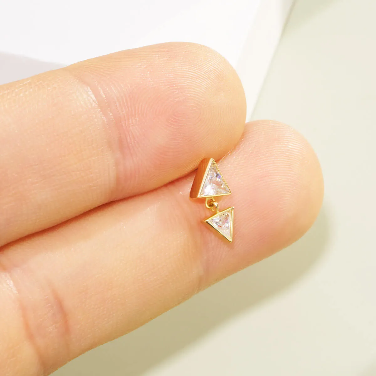 14K Solid Gold Up-Down Symmetrical Clear CZ Triangle Top Helix Earring Stud