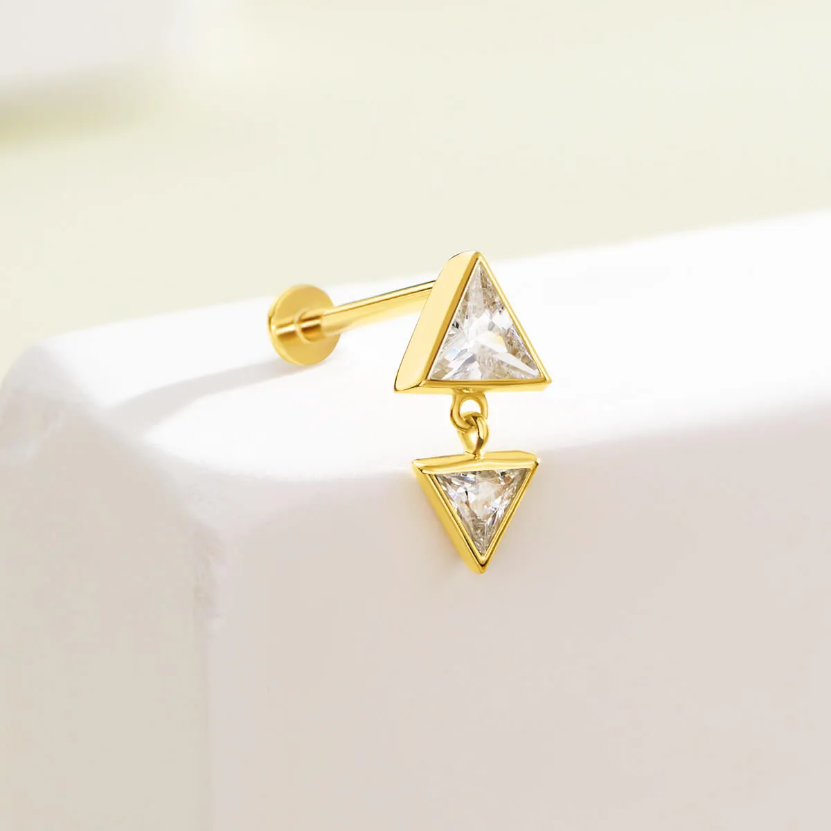 14K Solid Gold Up-Down Symmetrical Clear CZ Triangle Top Helix Earring Stud