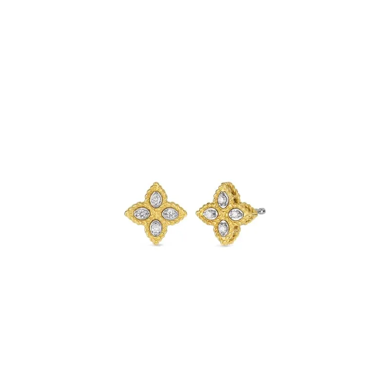 18K YELLOW/WHITE GOLD PRINCESS FLOWER SMALL DIAMOND STUD EARRINGS