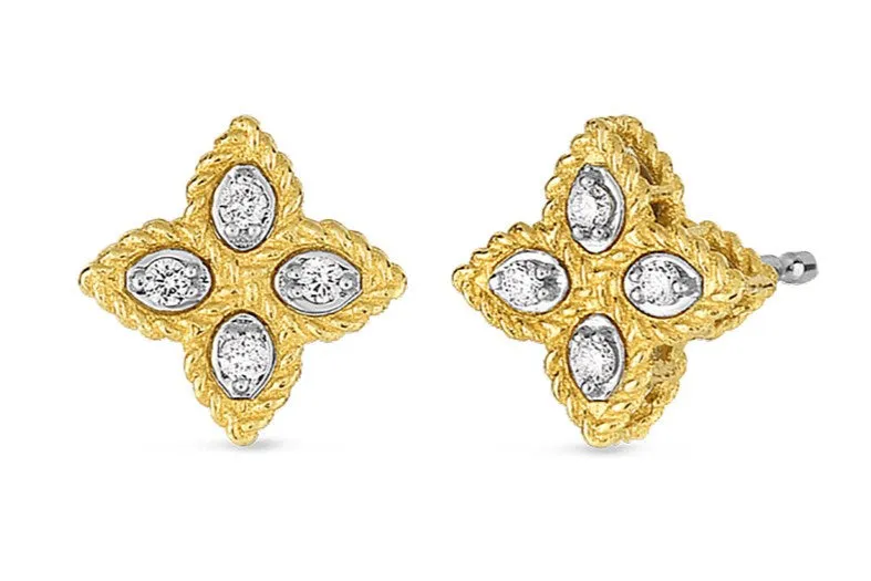 18K YELLOW/WHITE GOLD PRINCESS FLOWER SMALL DIAMOND STUD EARRINGS