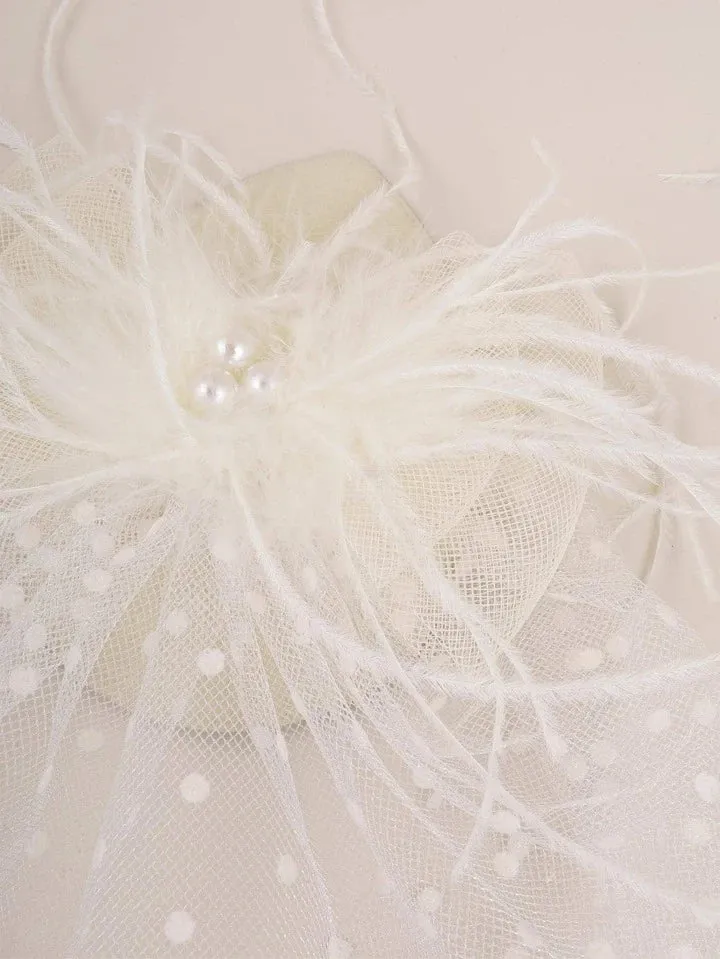 1pc feather & mesh decor fascinator hair clip in beige