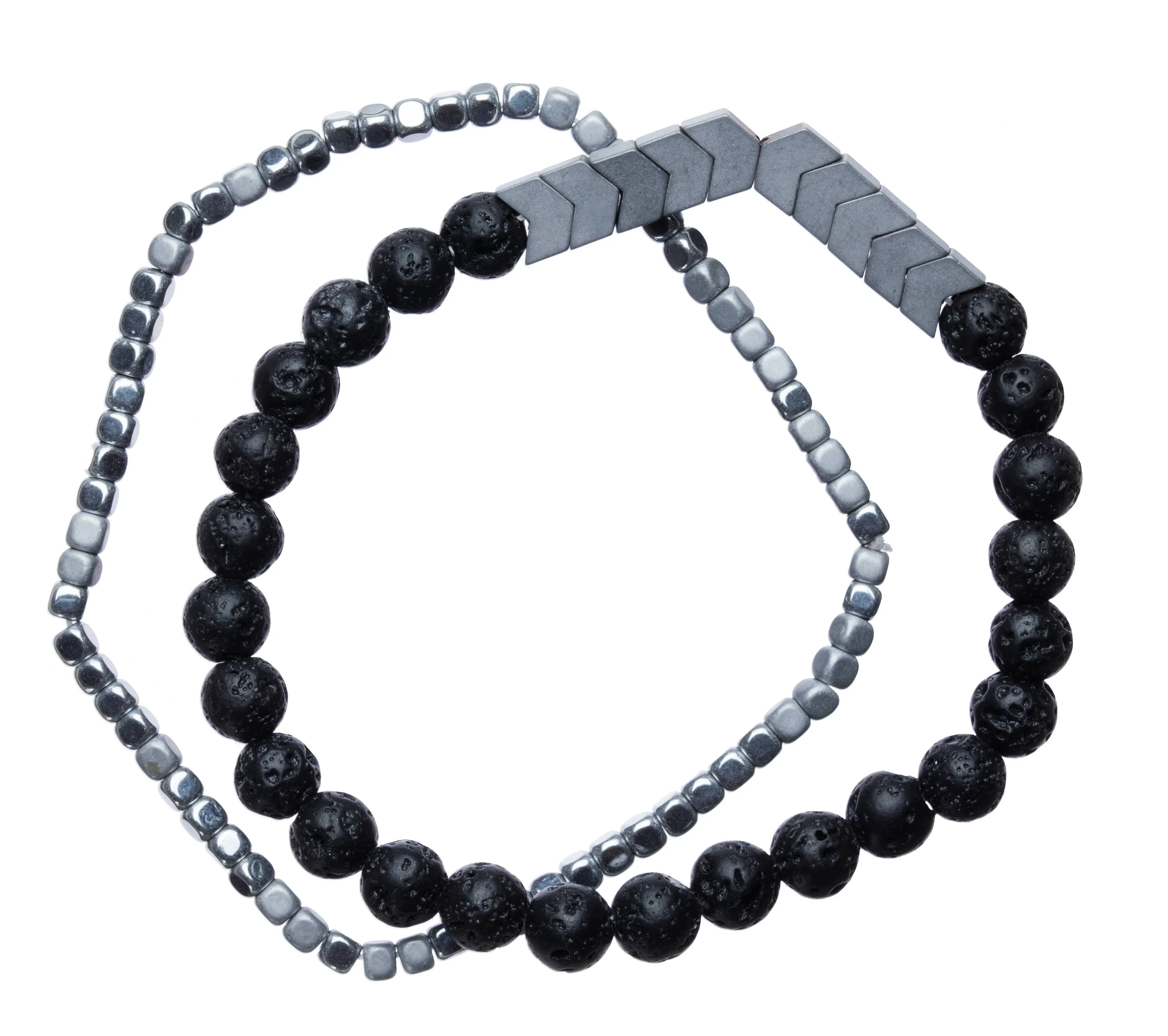 Silver Chevron and Black Lava Beads 2-Strand Bracelet Set