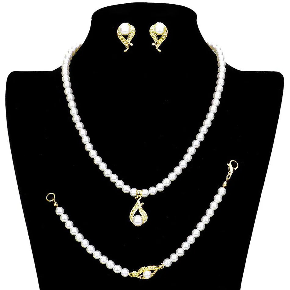 3PCS Crystal detail pearl strand necklace jewelry set