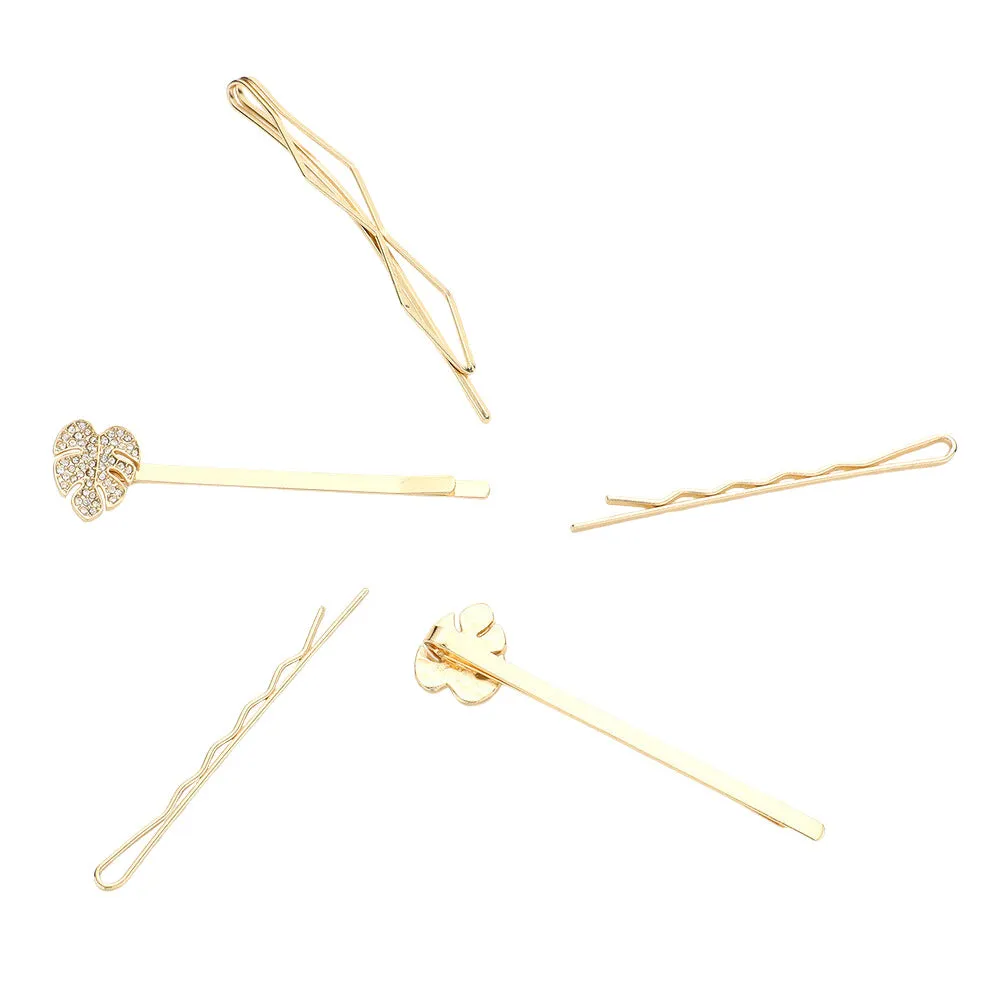 5PCS Stone Embellished Tropical Leaf Bobby Pin Hair Clips