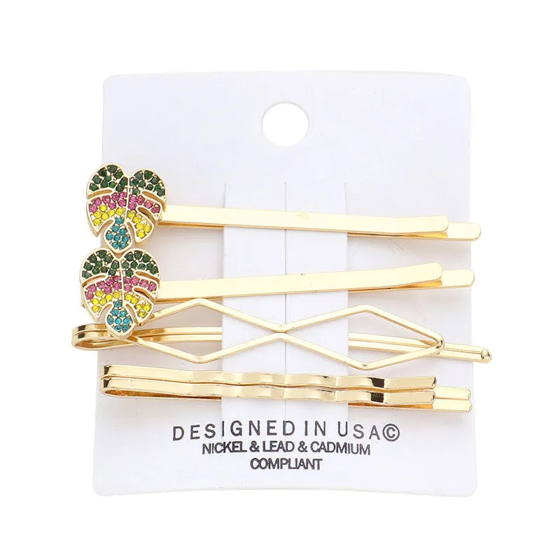 5PCS Stone Embellished Tropical Leaf Bobby Pin Hair Clips