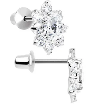 .925 Sterling Silver Clear CZ Fancy Flower Youth Screwback Earrings