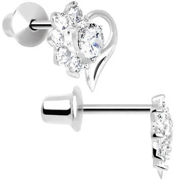 .925 Sterling Silver Clear CZ Flower Heart Youth Screwback Earrings