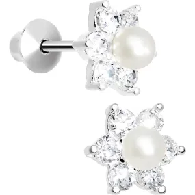 .925 Sterling Silver Clear CZ Pearl Flower Youth Screwback Earrings