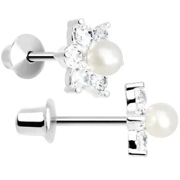 .925 Sterling Silver Clear CZ Pearl Flower Youth Screwback Earrings