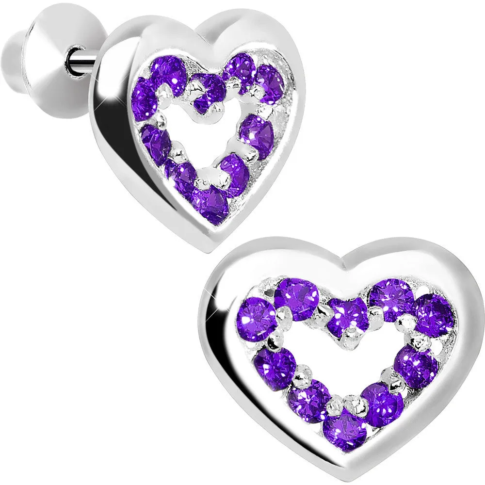 .925 Sterling Silver February CZ Open Heart Youth Screwback Earrings