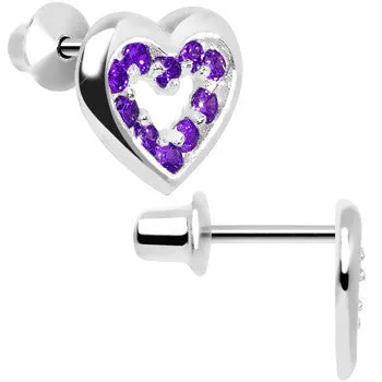 .925 Sterling Silver February CZ Open Heart Youth Screwback Earrings