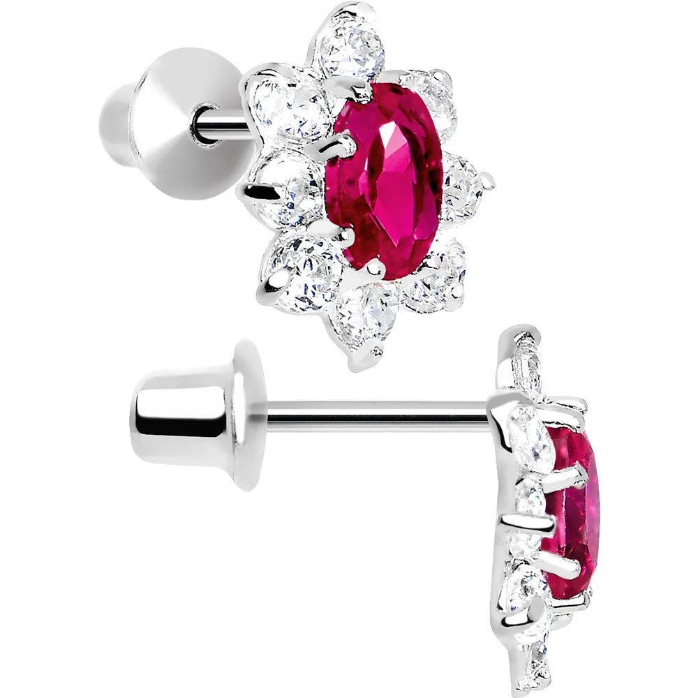 .925 Sterling Silver Pink CZ Fancy Flower Youth Screwback Earrings