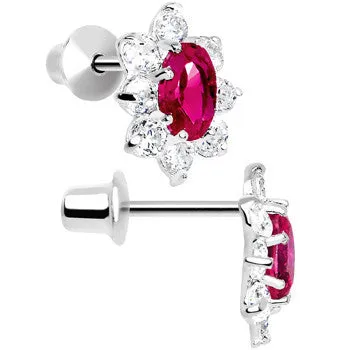 .925 Sterling Silver Pink CZ Fancy Flower Youth Screwback Earrings