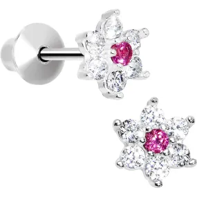 .925 Sterling Silver Pink CZ Petite Flower Youth Screwback Earrings