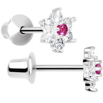 .925 Sterling Silver Pink CZ Petite Flower Youth Screwback Earrings