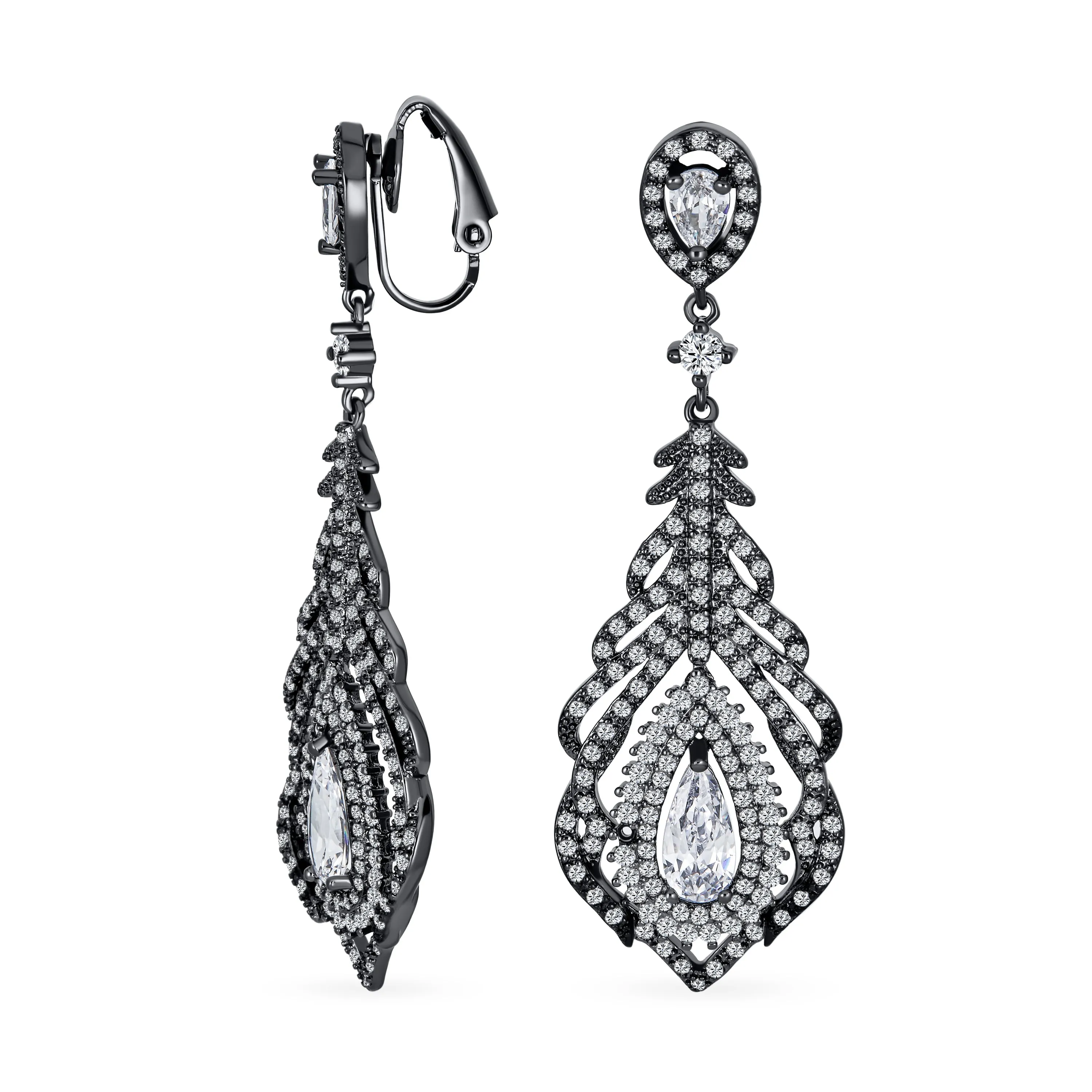 Art Deco Bridal Teardrop Halo Chandelier Clip On Earrings Silver