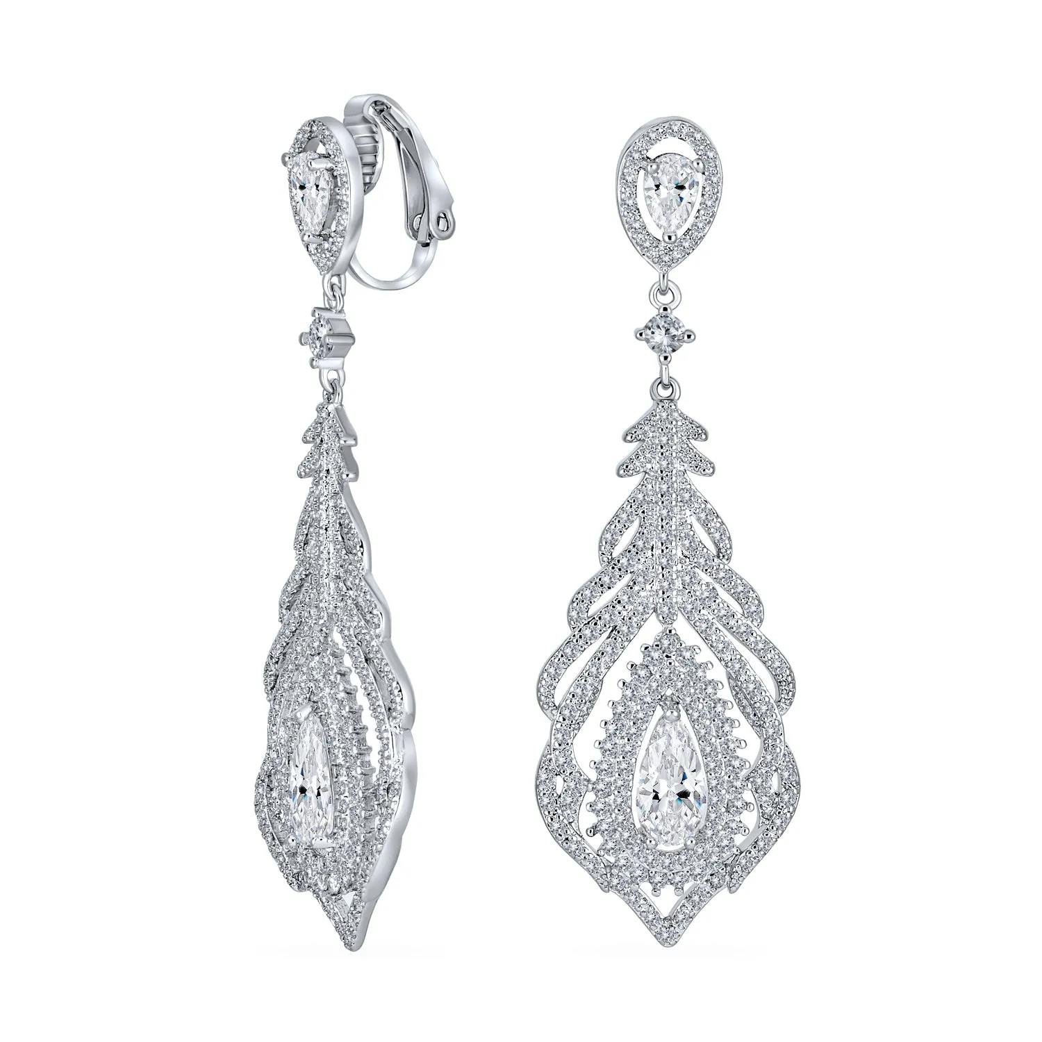 Art Deco Bridal Teardrop Halo Chandelier Clip On Earrings Silver