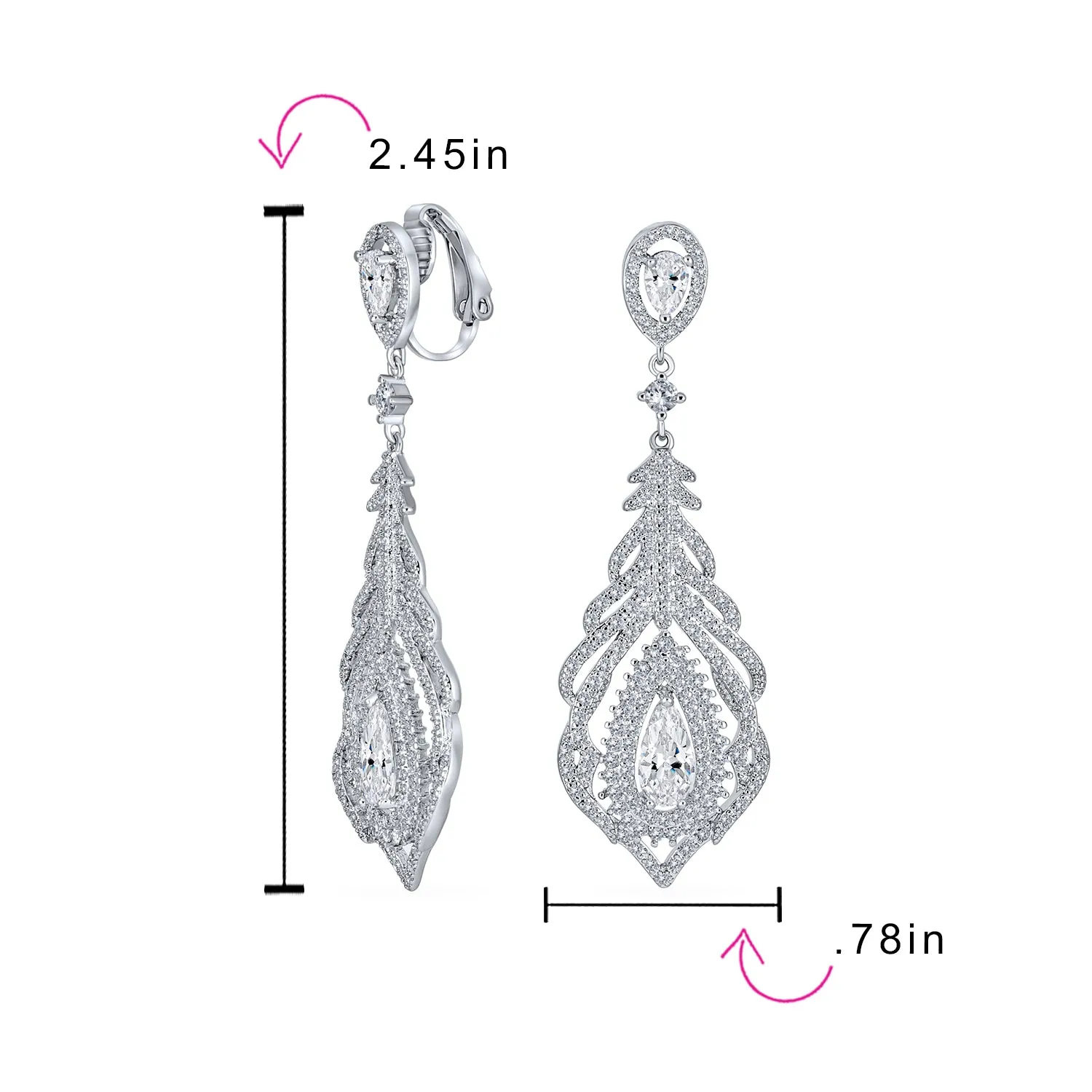 Art Deco Bridal Teardrop Halo Chandelier Clip On Earrings Silver