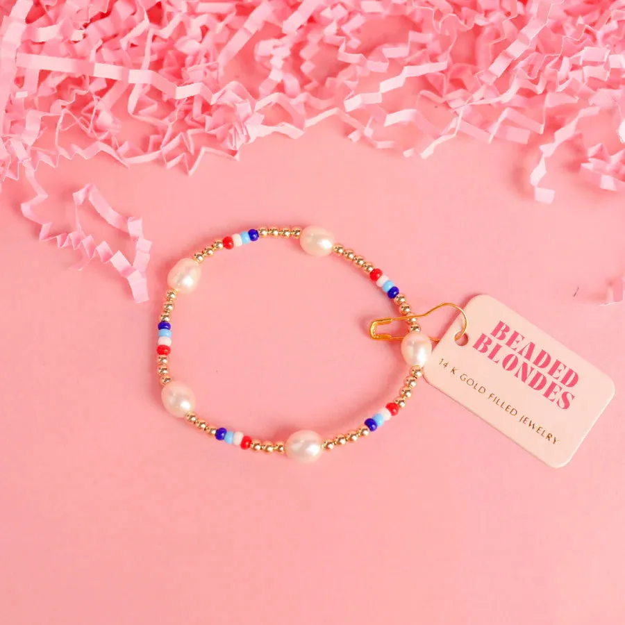 Beaded Blondes | Red, White & Blues Pearl Gold Stretchy Poppi Bracelet