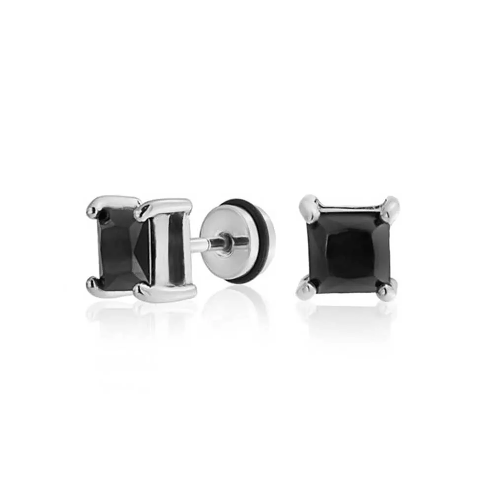 Black Bar Tunnel Illusion Faux Ear Plug Earrings Surgical Steel 16G