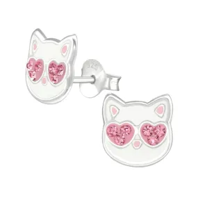 Cat w/Pink Crystal Stud Earrings Sterling