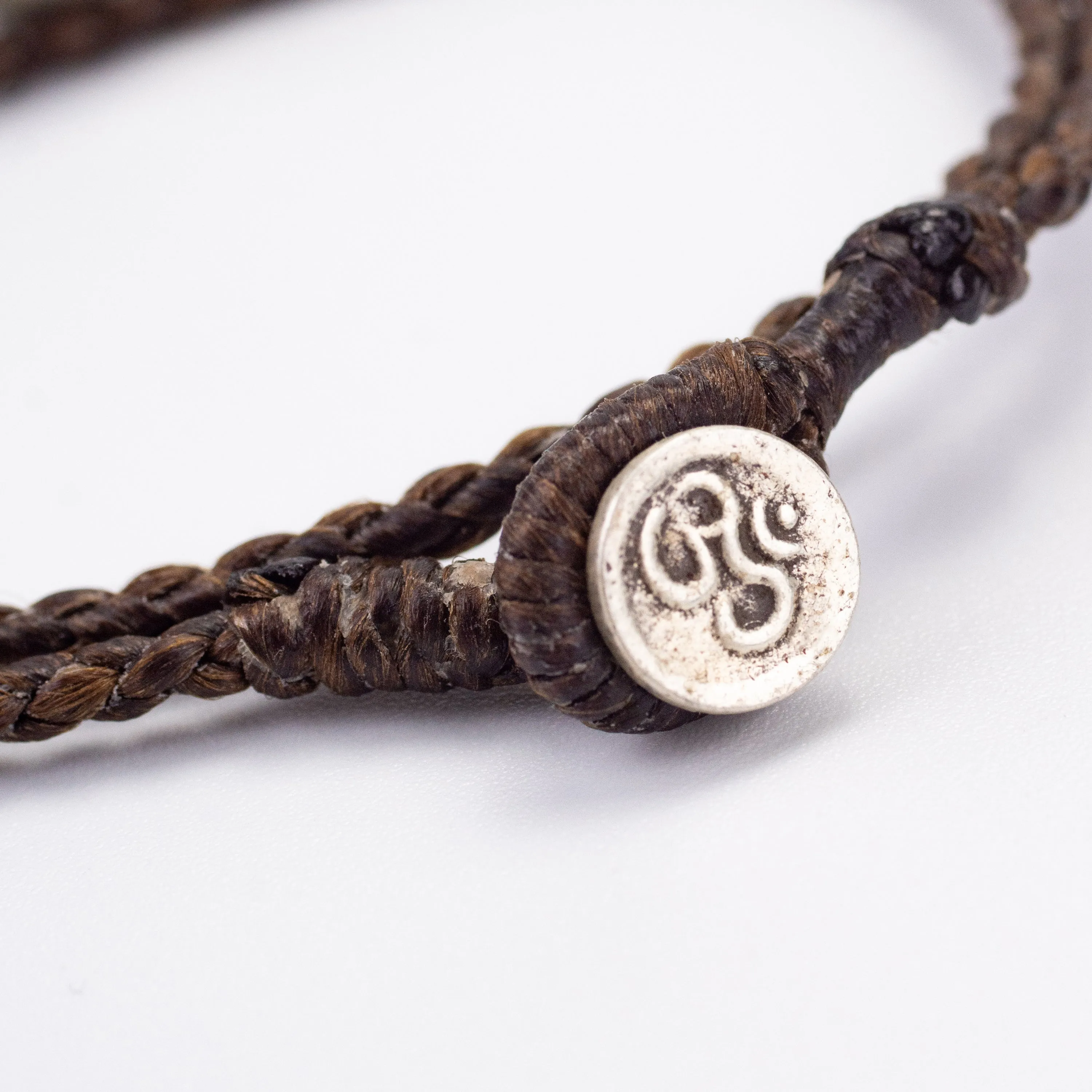 Double Wrap Strand Bracelet with Circle and Om Silver Charms in Brown