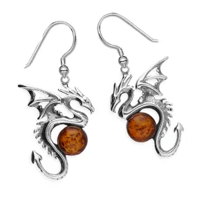 Dragon Earrings With Amber Orb, Sterling Silver