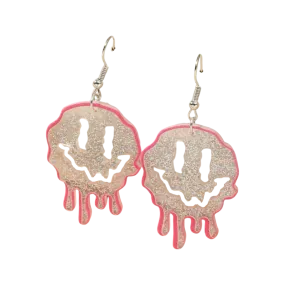 Earrings - Glitter Pink Dripping Smiley drops