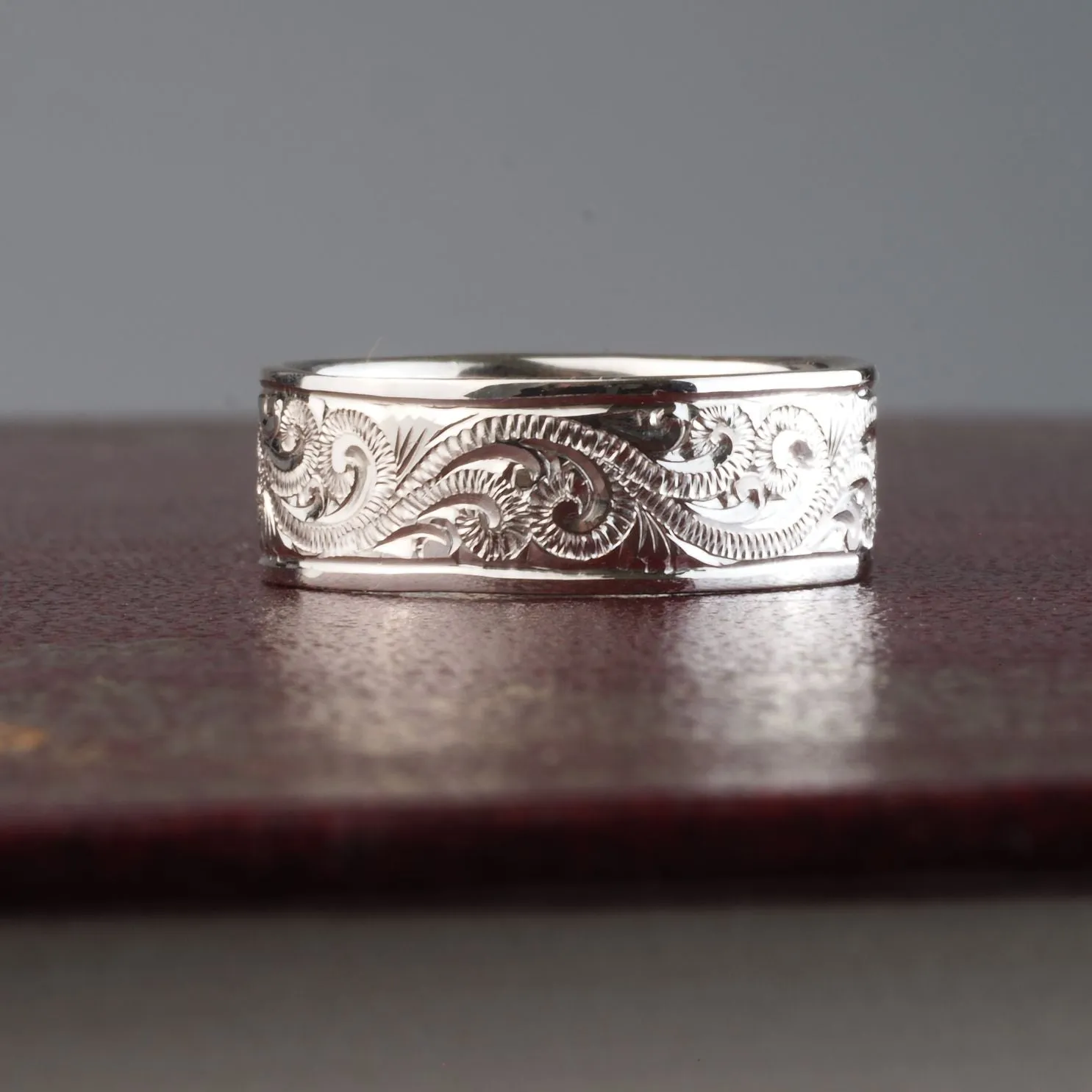 Hand Engraved Scroll Pattern Sterling Silver Wedding Band Ring