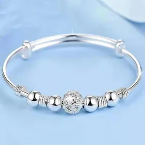 HEART CUT-OUT SILVER BEADED CHARM BANGLE BRACELET