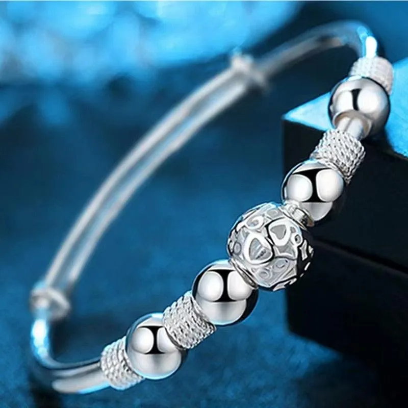 HEART CUT-OUT SILVER BEADED CHARM BANGLE BRACELET