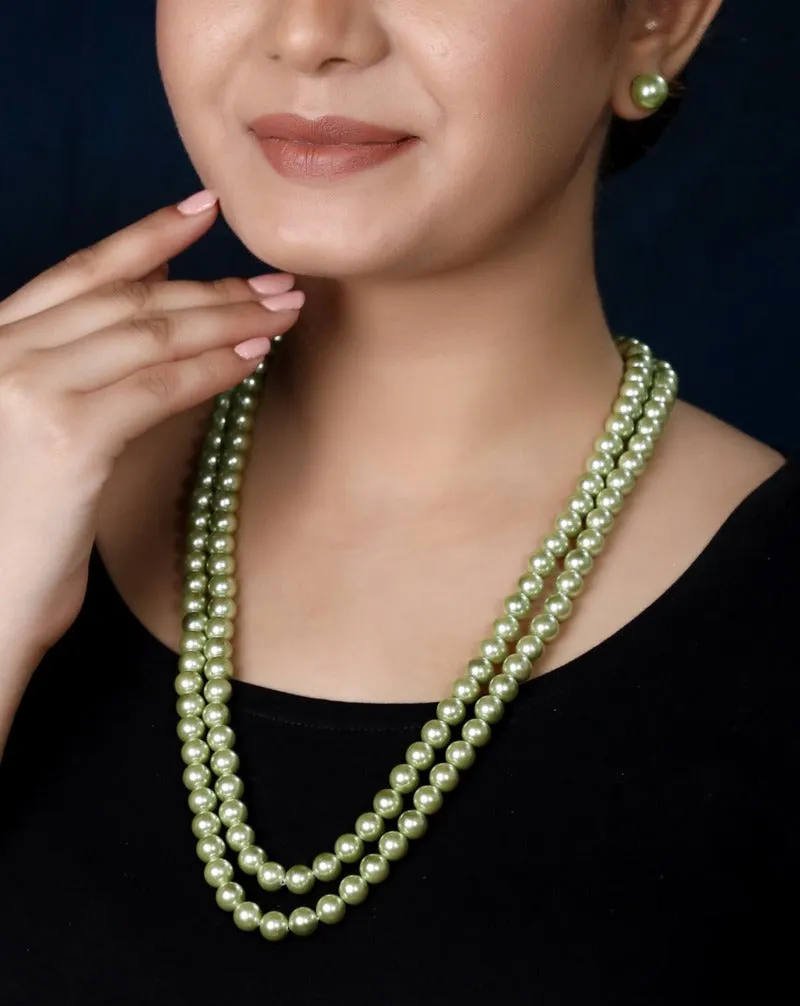 Imeora Green 8mm Double Line Shell Pearl Necklace With 10mm Green Shell Pearl Studs