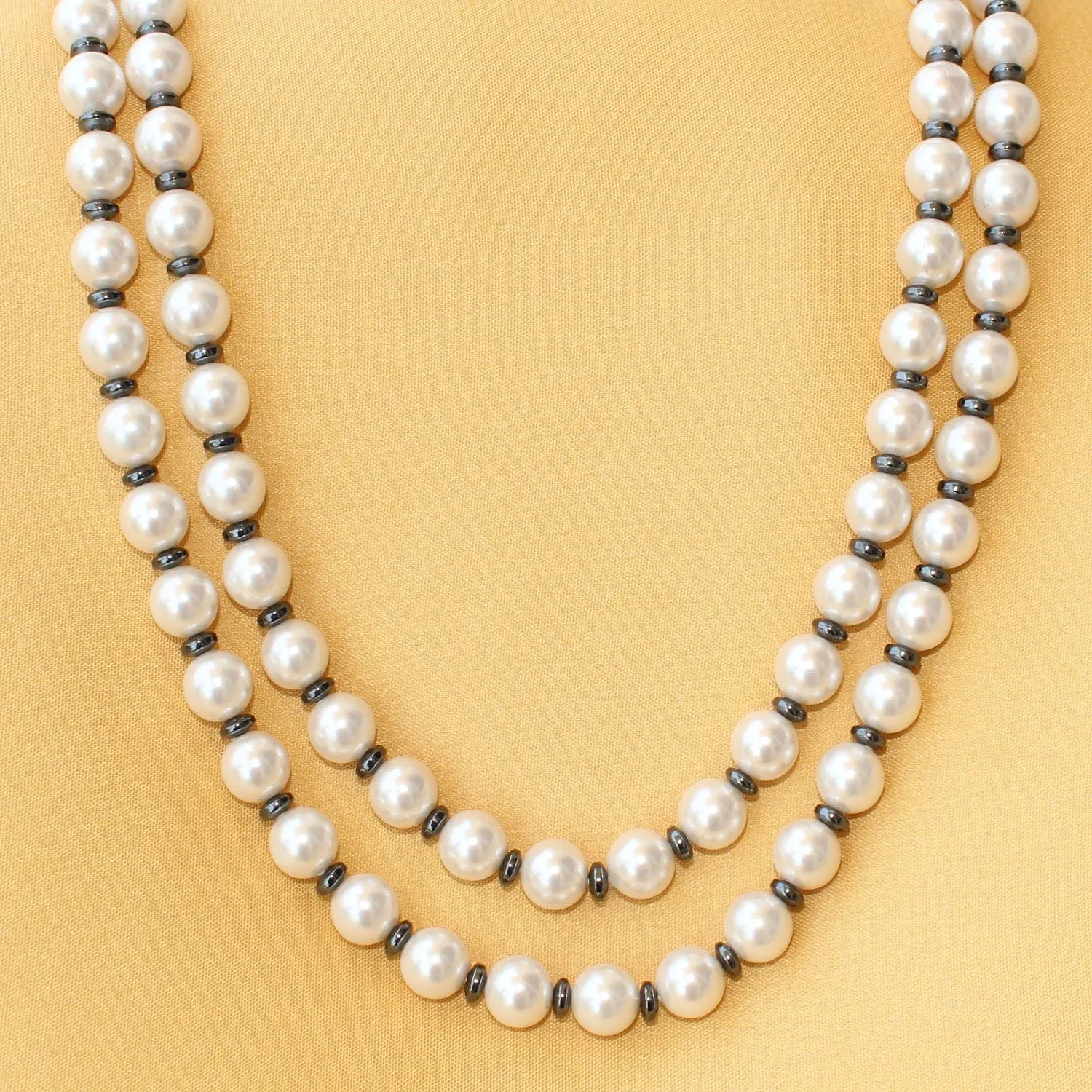 Imeora Natural Hematite And White 8mm Double Line Shell Pearl Necklace