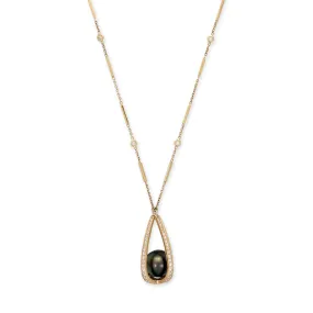 LARGE PAVE CAGE WITH BLACK PEARL SMOOTH BAR NECKLACE