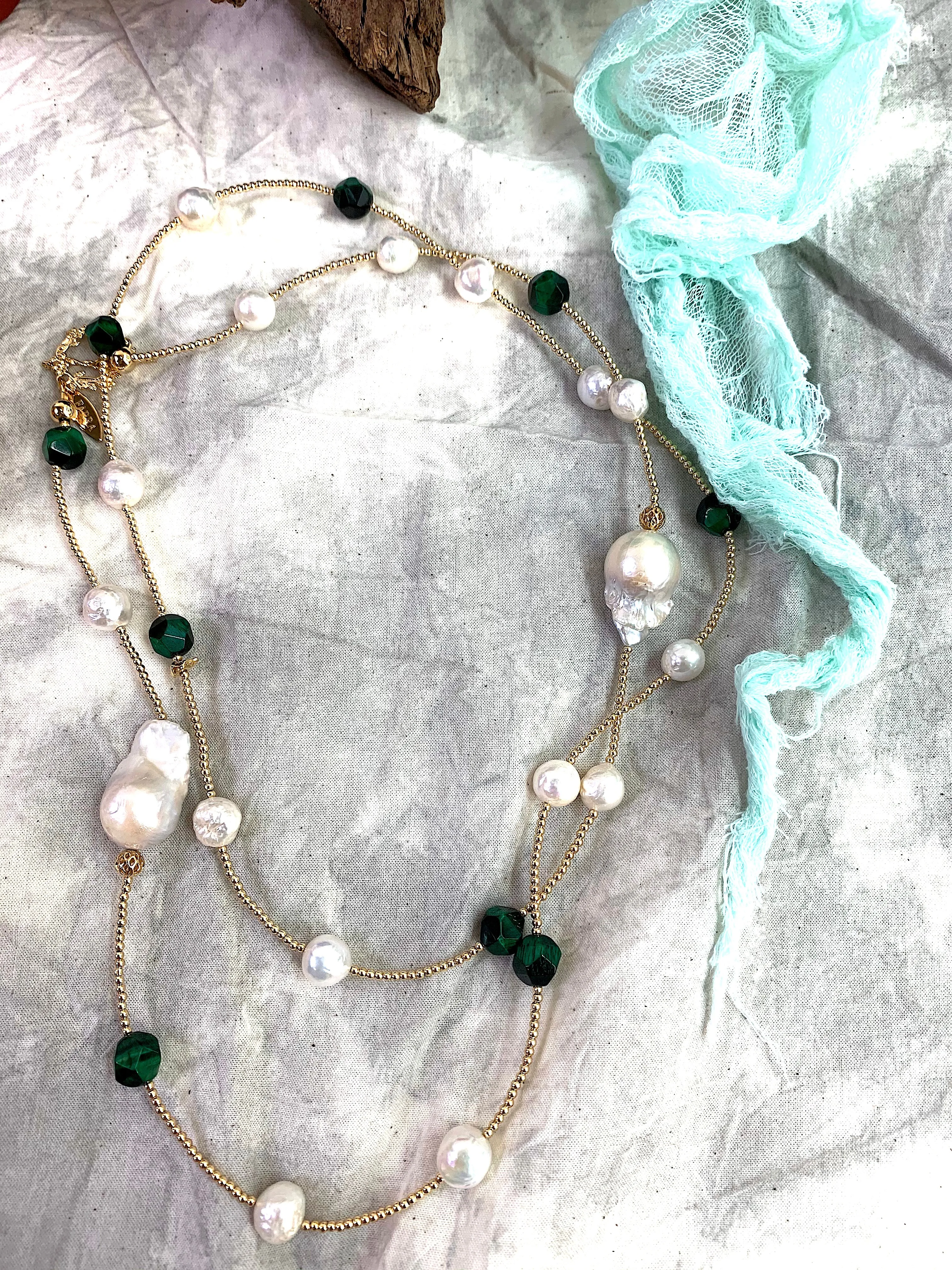 Malachite With Freshwater Pearl Multi-way Long Necklace EN005