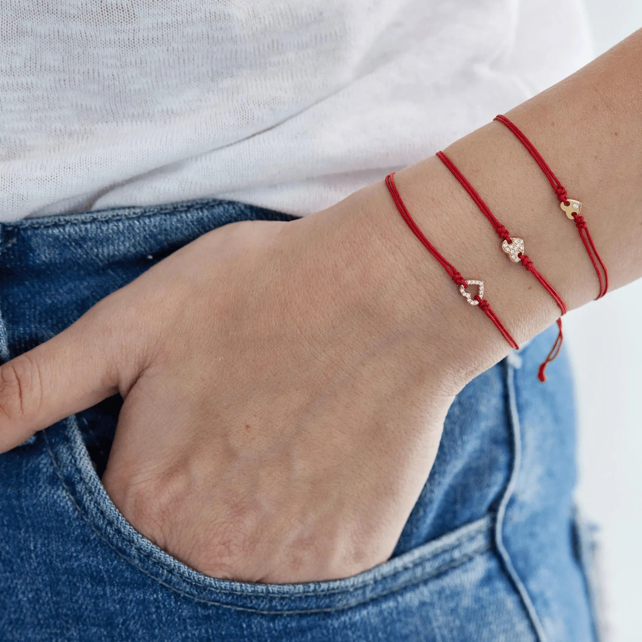 Paved Heart String of Love Bracelet - 14K Yellow Gold