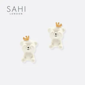 Sahi Gold Enameled Camellia Bear Stud Earrings