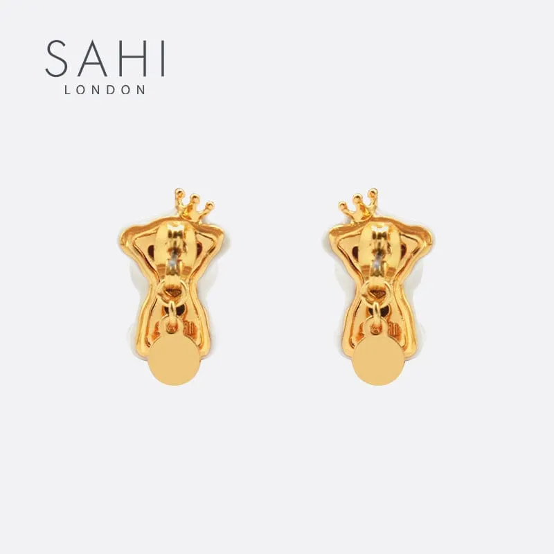 Sahi Gold Enameled Camellia Bear Stud Earrings