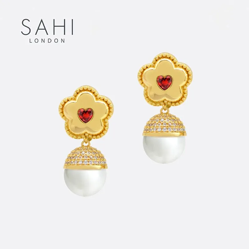 Sahi Little Red Flower Pearl Drop Earrings