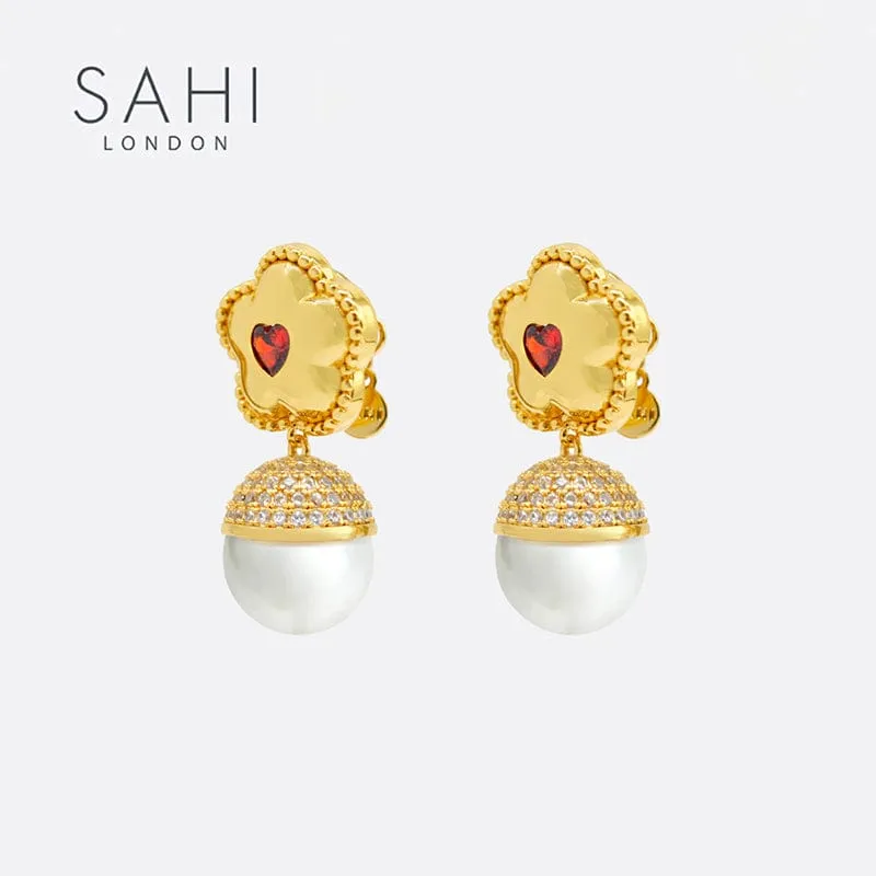 Sahi Little Red Flower Pearl Drop Earrings