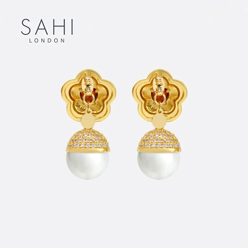 Sahi Little Red Flower Pearl Drop Earrings