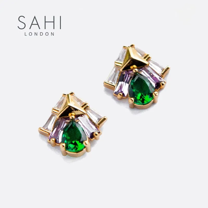 Sahi London Shine Green Zircon Crystal Stud Earring