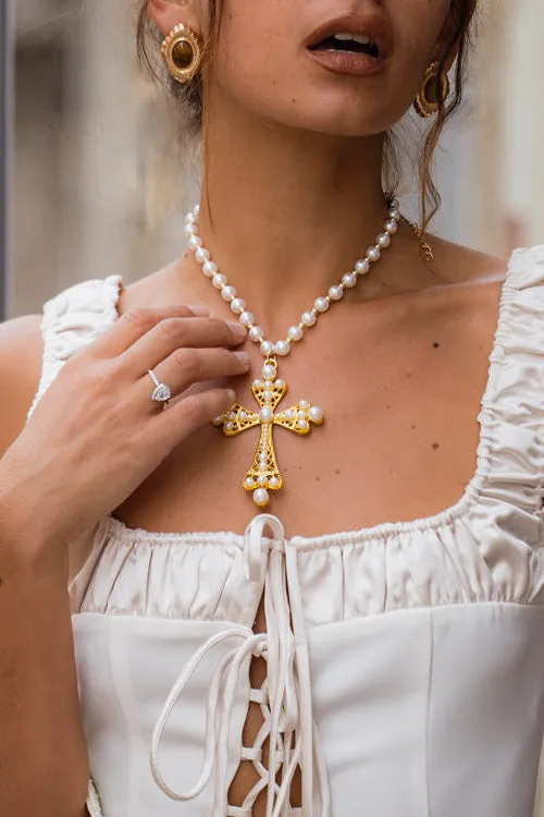 Santina Pearl and Gold Statement Cross Necklace