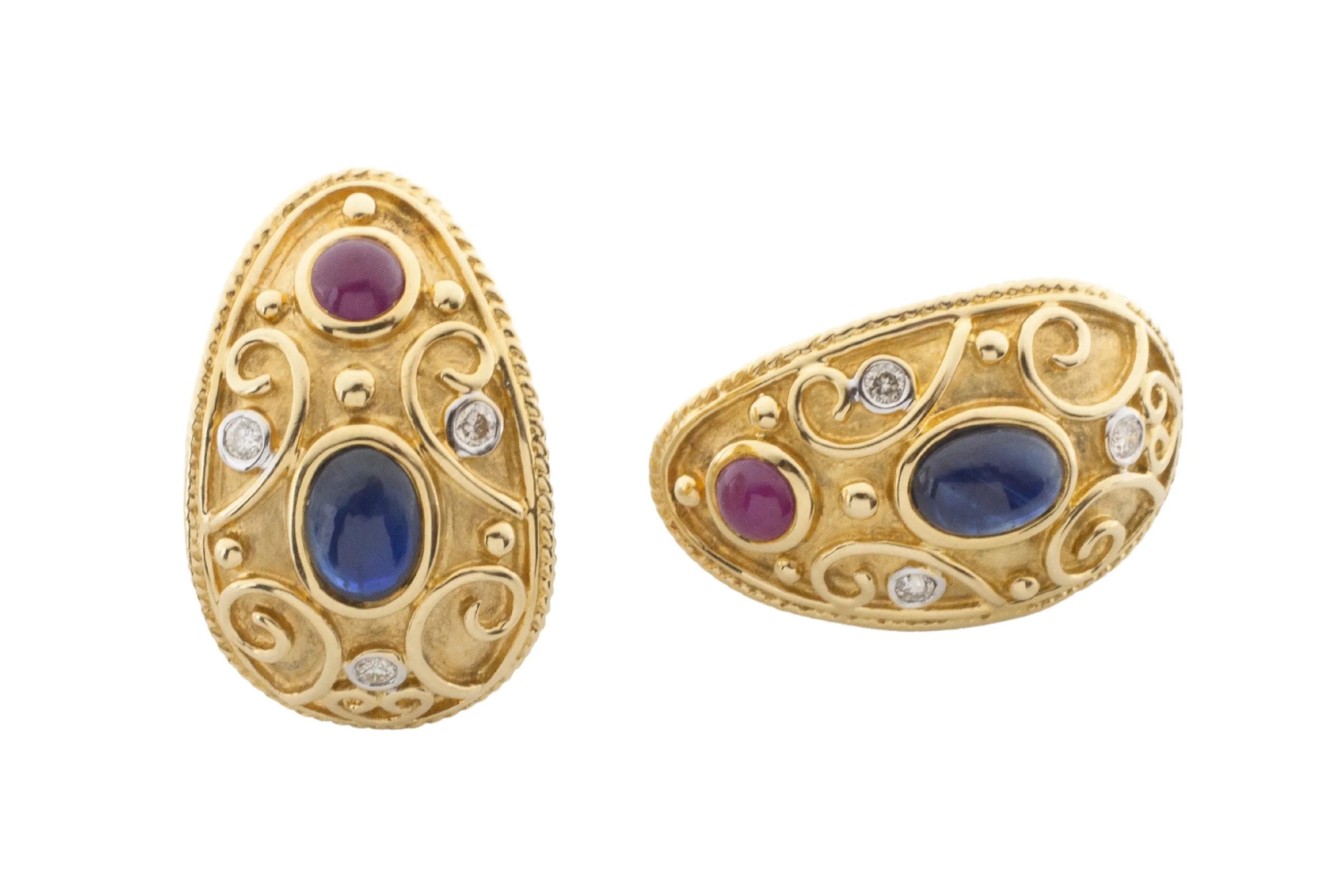 Sapphire, ruby and diamond ear clips in 18 carat gold