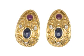 Sapphire, ruby and diamond ear clips in 18 carat gold