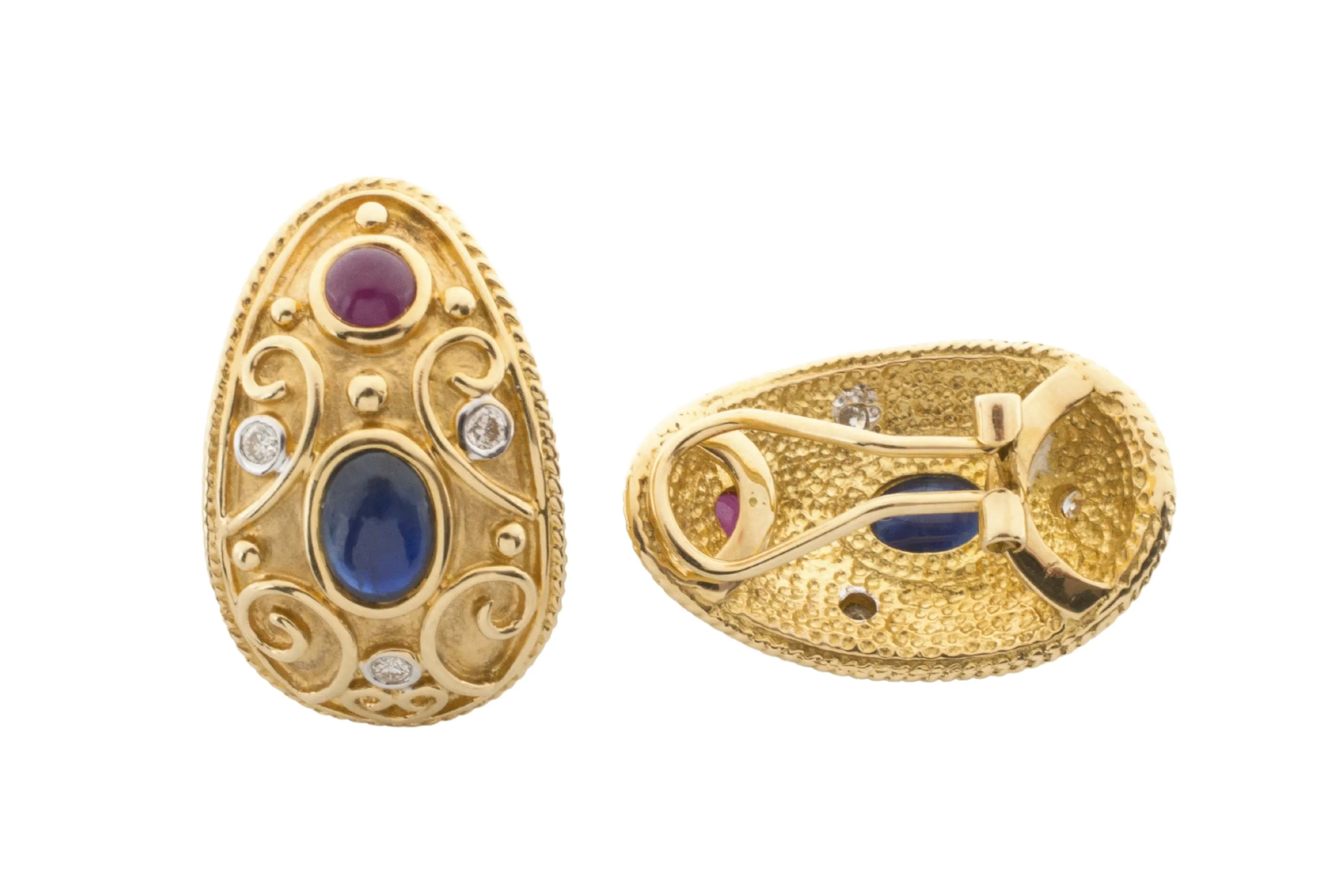 Sapphire, ruby and diamond ear clips in 18 carat gold