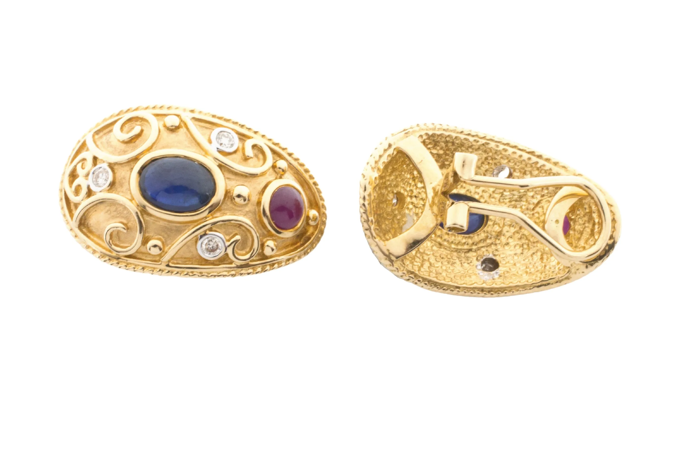 Sapphire, ruby and diamond ear clips in 18 carat gold