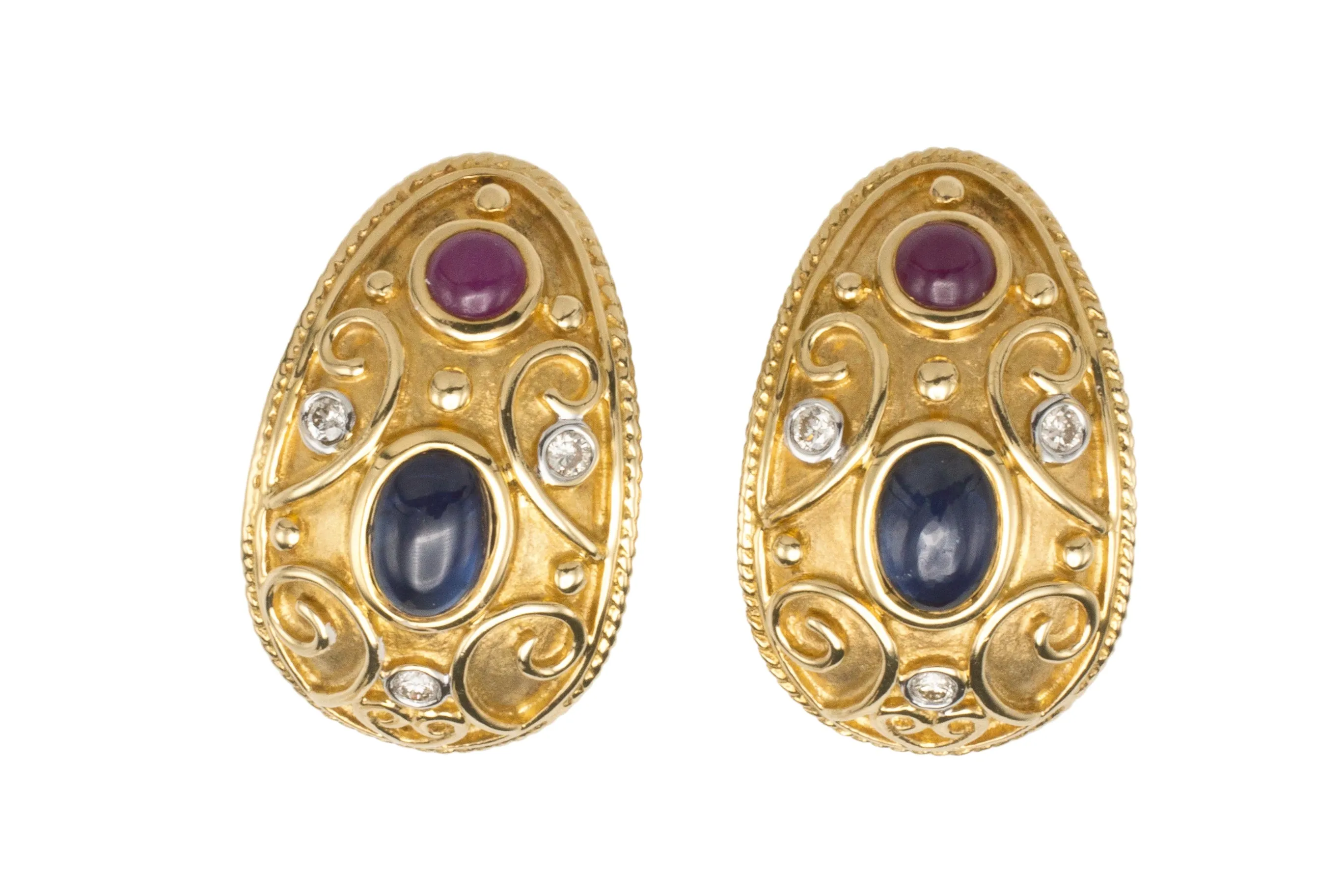 Sapphire, ruby and diamond ear clips in 18 carat gold