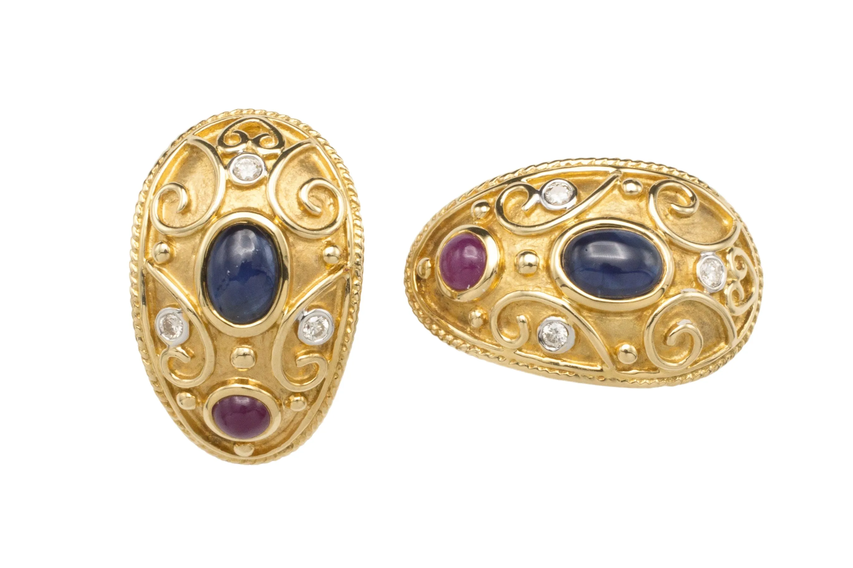 Sapphire, ruby and diamond ear clips in 18 carat gold