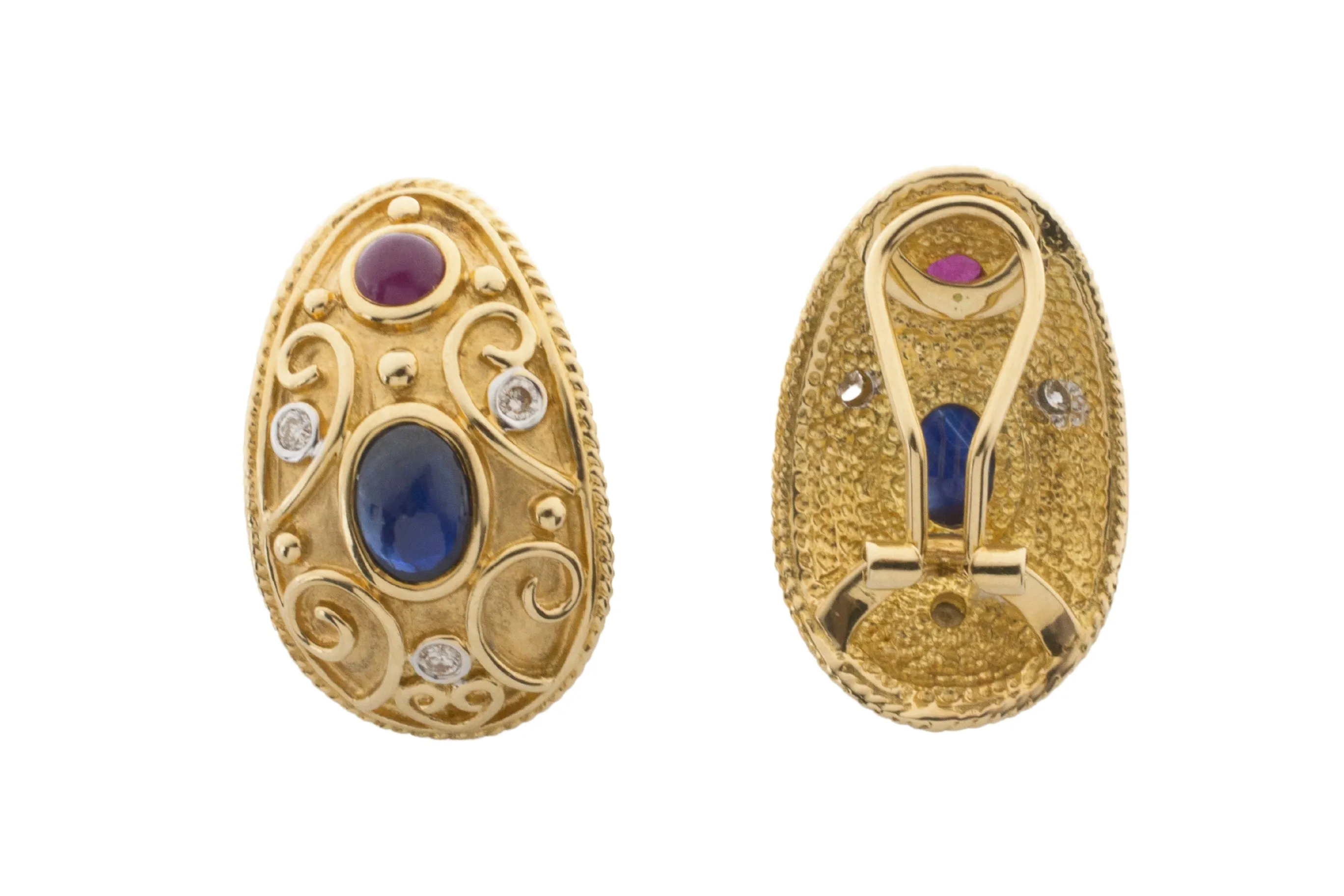 Sapphire, ruby and diamond ear clips in 18 carat gold